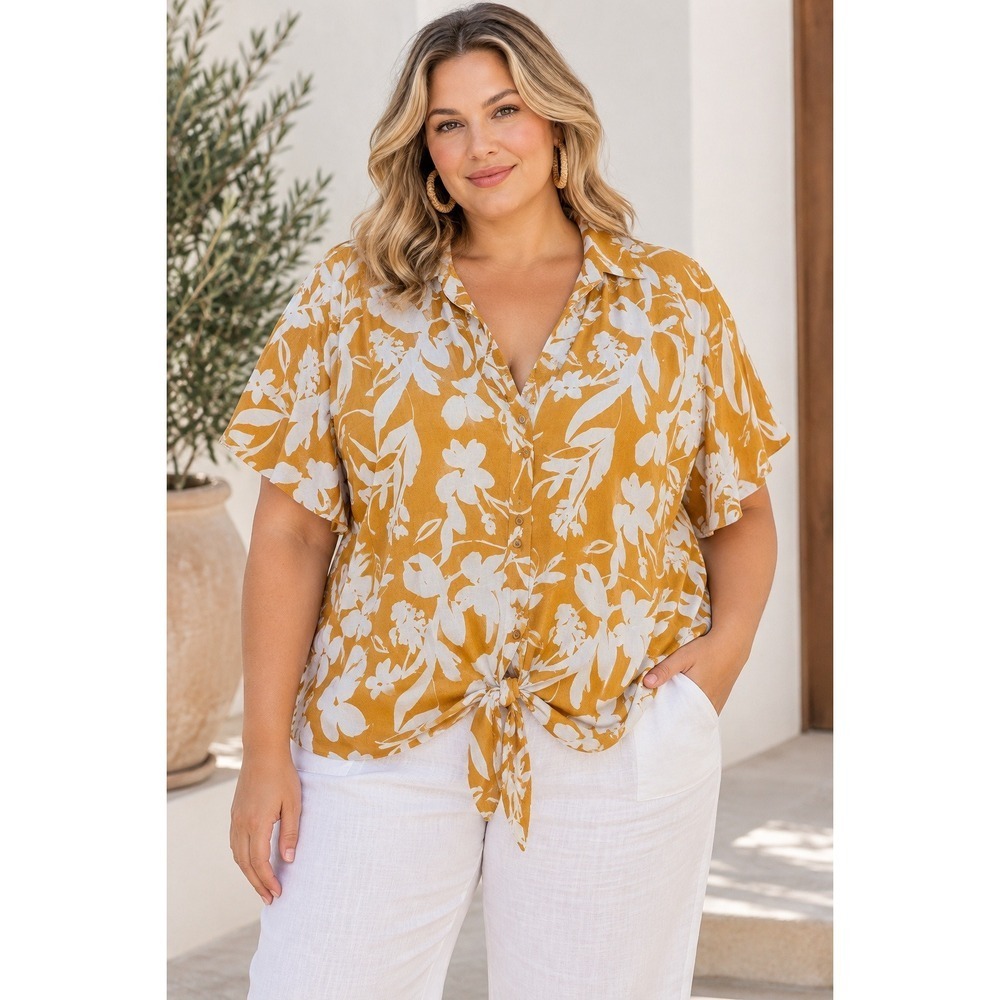 Ava & Viv Linen Blend Blouse Womens 4X Mustard Floral Tie Front Plus Size